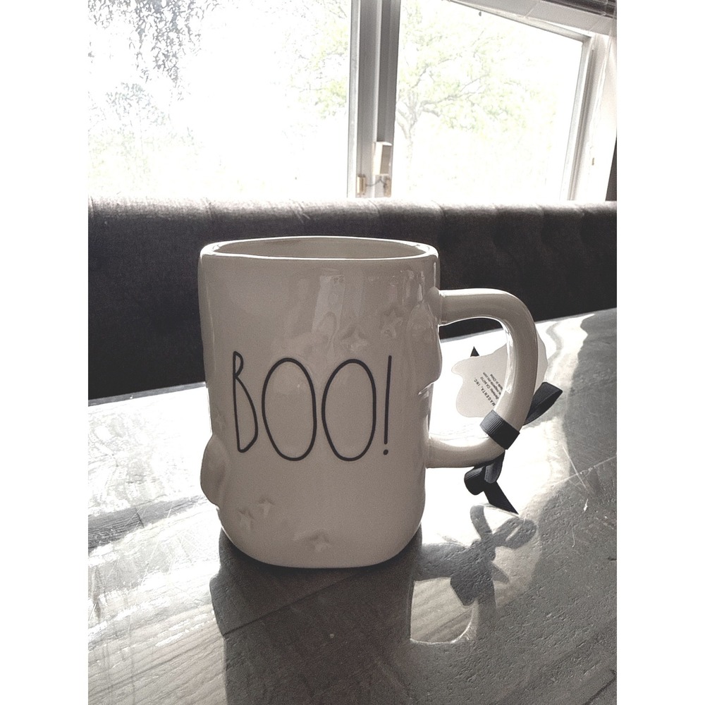Rae Dunn Boo Ghost Mug Halloween Ceramic Coffee Cup Embossed Stars Magenta NEW